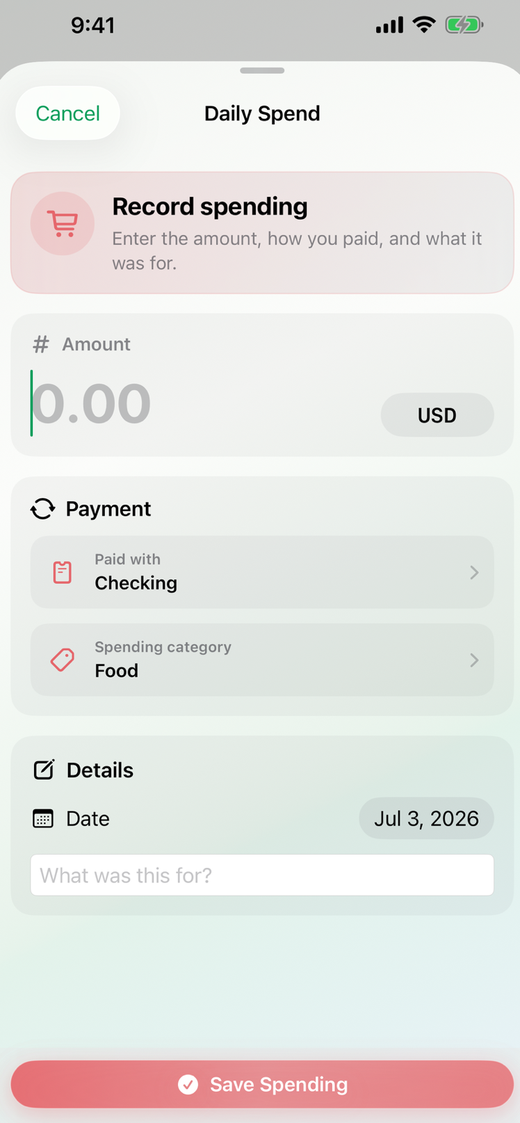 Quick spending entry screenshot